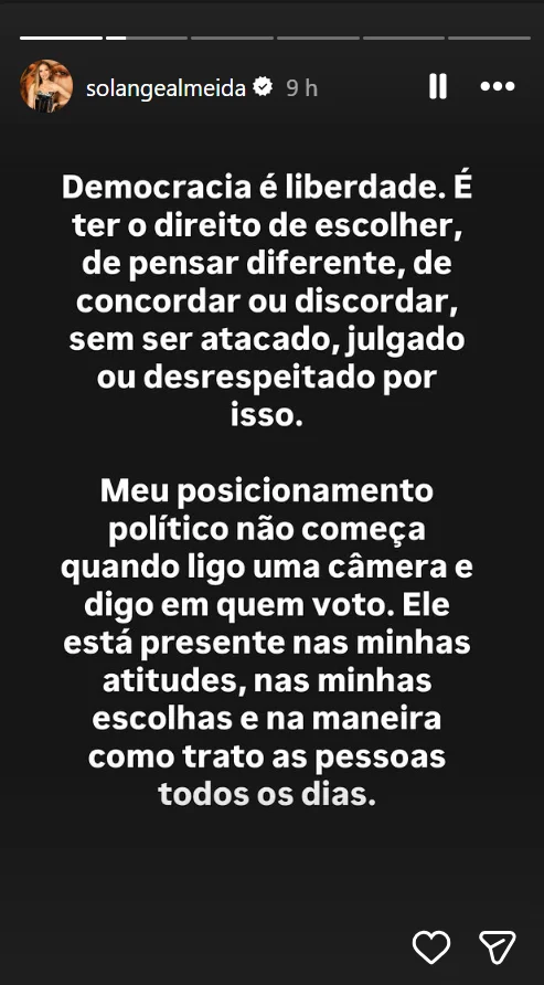 Solange Almeida rebate pressões por posicionamento político: “Não confundam discrição com omissão”