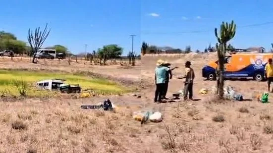 Van com nove ocupantes perde os freios e cai em lagoa na BA-120